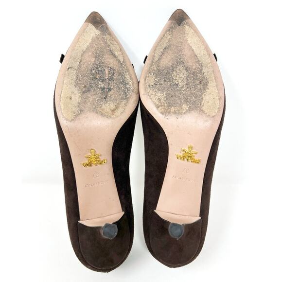 Prada Brown Suede Pointed-Toe Bow Pumps EU 37 Mid Heel | Made in Italy - Picture 8 of 9